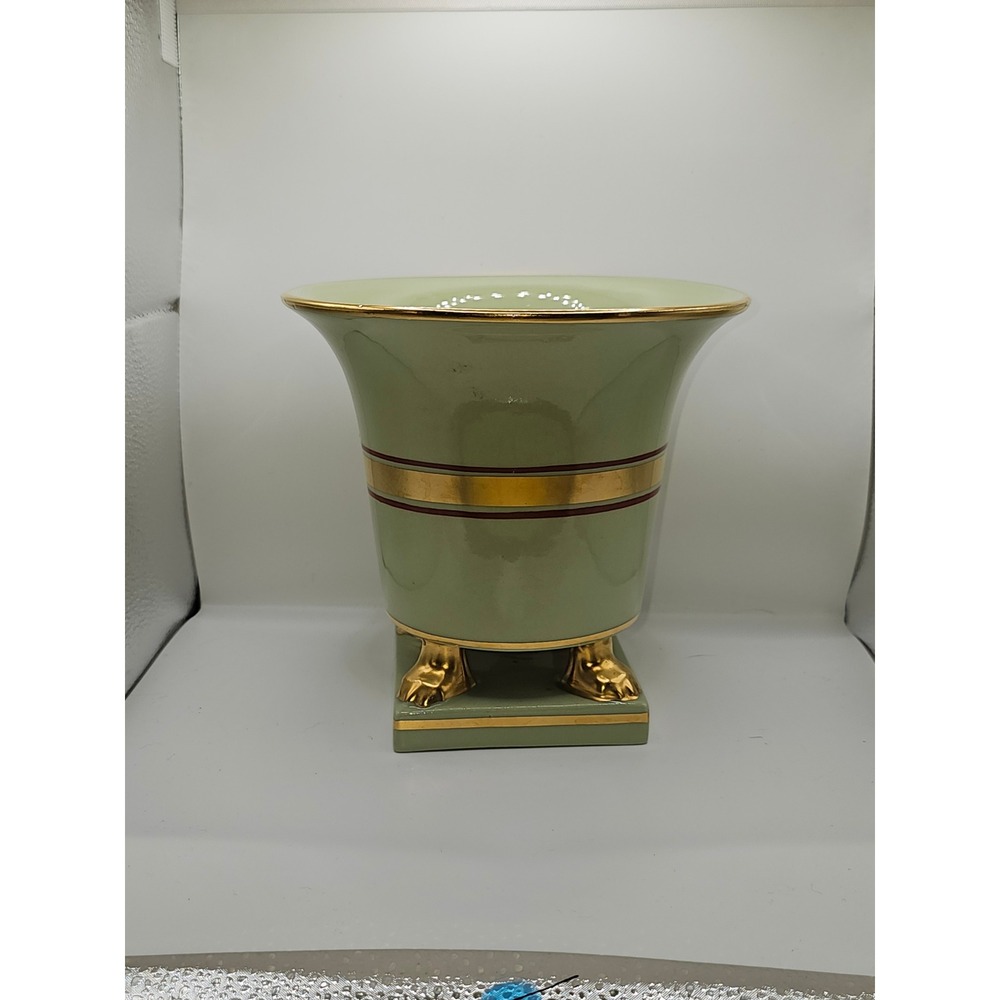 Sage Green Ceramic Urn Vase Gold Lion Paw Feet Flared Pedestal Base 7.5in vTG